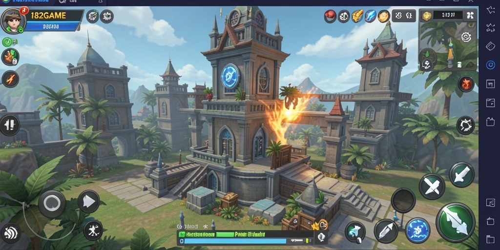 Screenshot gameplay 182GAME menampilkan menara mempertahankan dari serangan musuh.