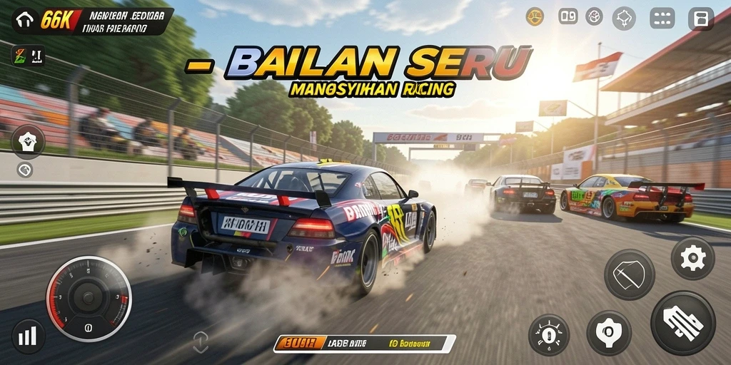 Tangkapan layar menampilkan aksi balapan seru di 66K.