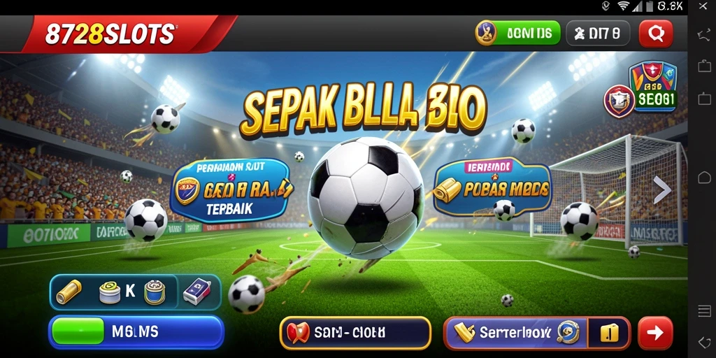 Screenshot gameplay 8728SLOTS menampilkan putaran slot bertema sepak bola yang mendebarkan.