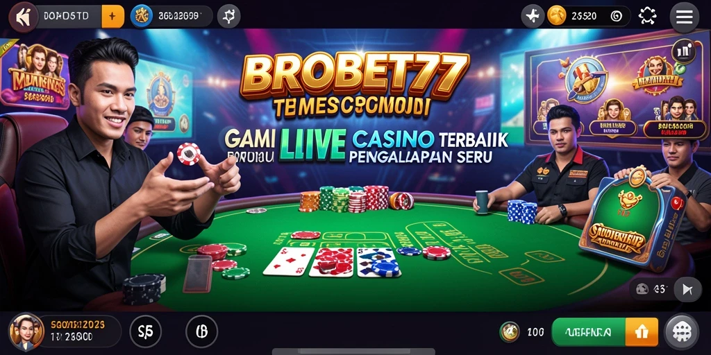 Screenshot gameplay Live Casino BROBET77 dengan dealer nyata dan suasana kasino.