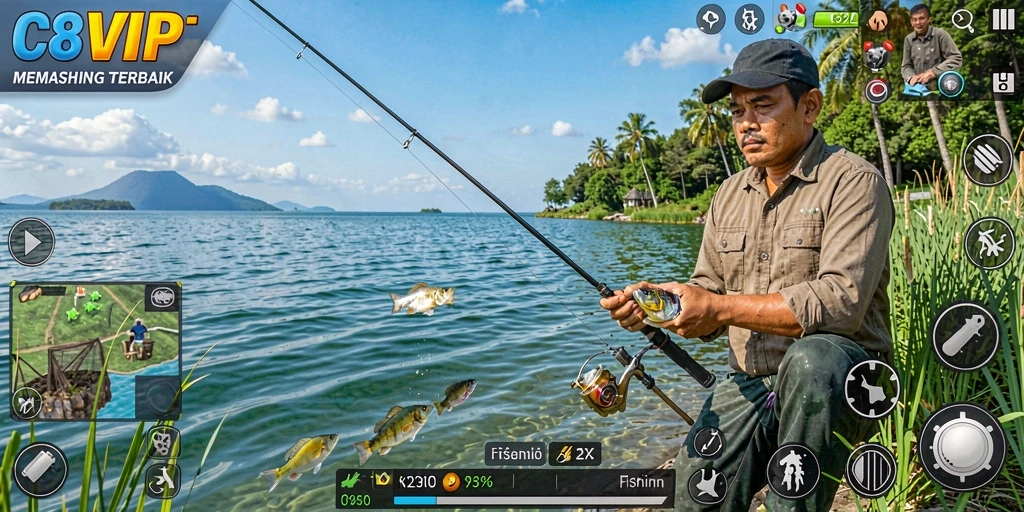 Tampilan gameplay C8VIP dengan aksi memancing yang menarik.