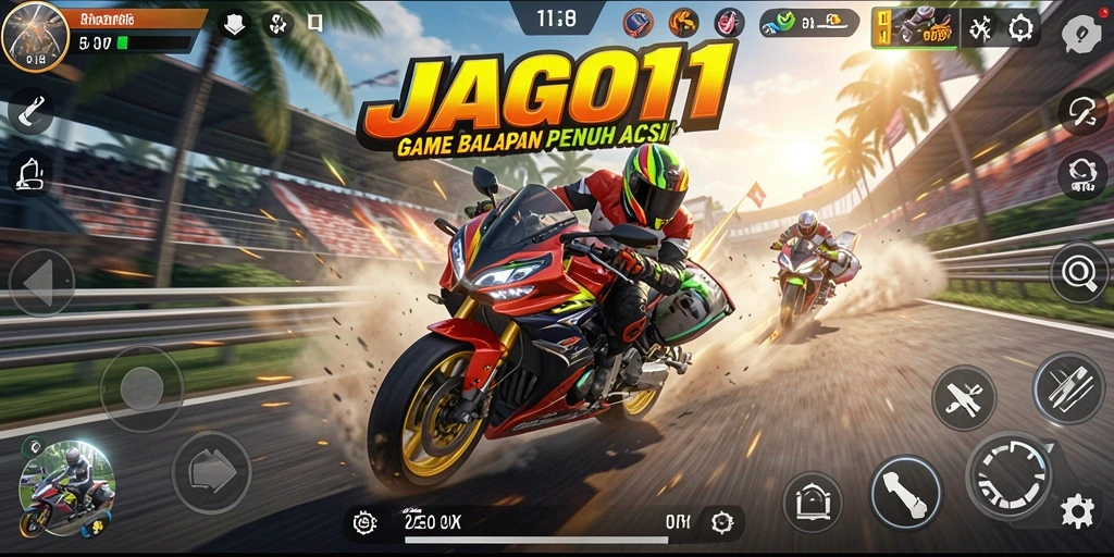 Tangkapan layar utama JAGO11 menampilkan aksi balapan motor yang seru dan mendebarkan.