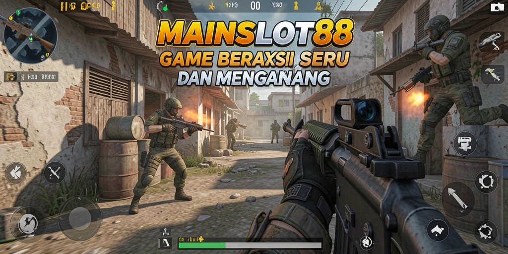 Screenshot MAINSLOT88 menampilkan aksi intens di medan perang FPS.