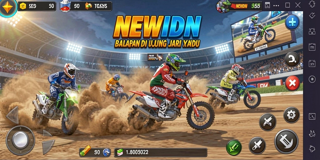 Gambar gameplay NEWIDN dengan mobil balap dan trek yang menantang.