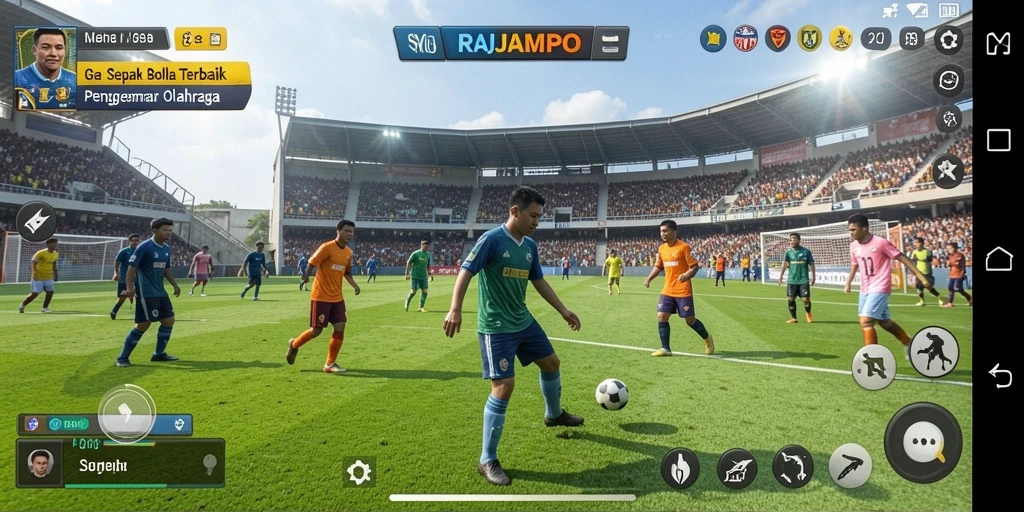 Tangkapan layar menarik dari gameplay <strong>RAJAMPO</strong> dengan aksi sepak bola yang menegangkan.