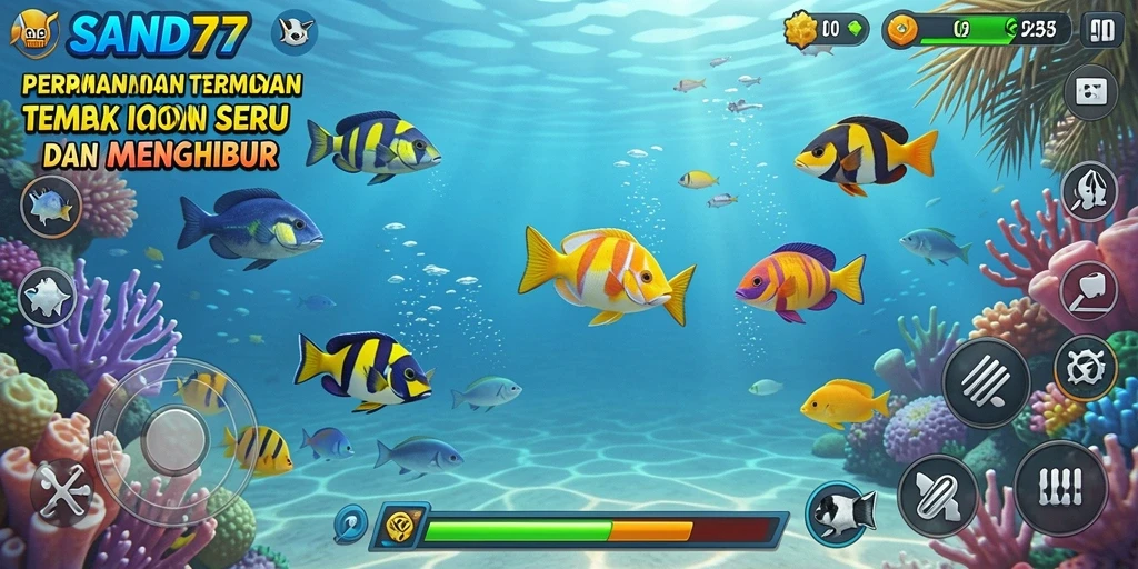 Tampilan gameplay SAND77 dengan aksi menembak ikan yang seru.
