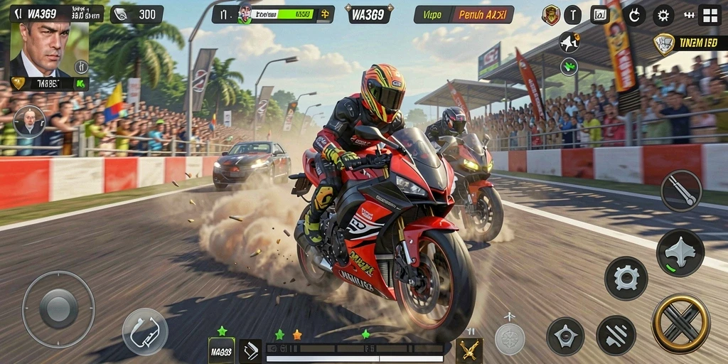 Screenshot WA369 menampilkan balapan motor dengan grafis tinggi dan trek yang menarik.